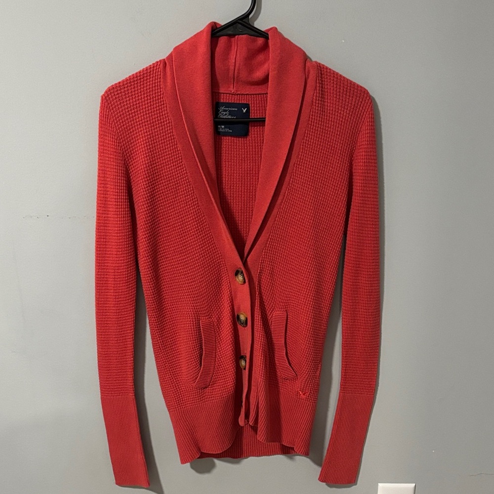 Y2K American Eagle Swancore 2000s Red Waffle Shawl‎ Collar Cardigan